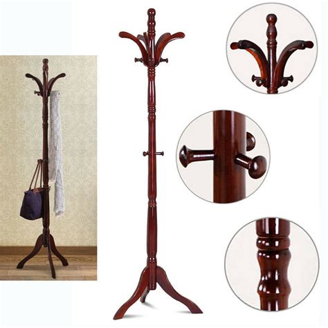 Solid Vintage Coat Rack Stand Wood Hall Tree Antique Cloth Garment