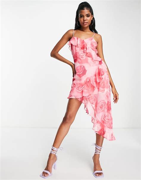 Miss Selfridge Chiffon Asymmetrical Hem Mini Dress In Oversized Rose Asos