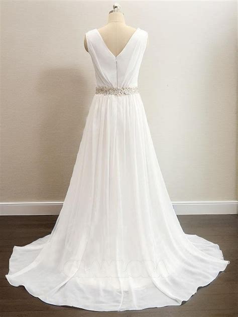 A Line V Neck Sleeveless Refined Sweep Train Chiffon Wedding Dress With Slit Glamlora