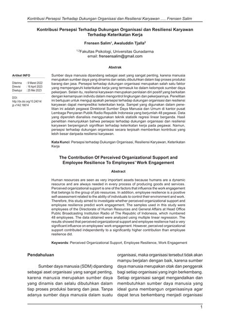 PDF Kontribusi Persepsi Terhadap Dukungan Organisasi Dan Resiliensi