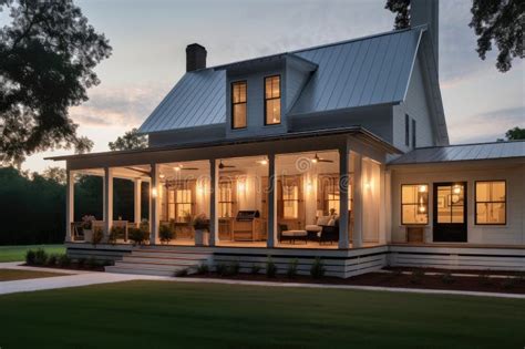 Modern Farmhouse With Wraparound Porch And Lanterns At Night Stock Image Image Of Illuminated