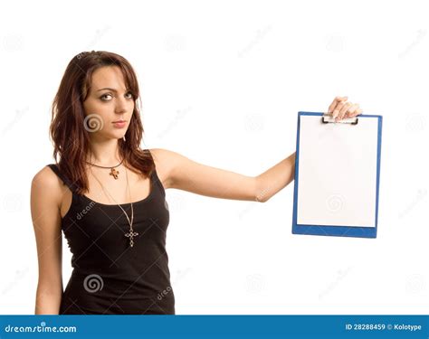 Pretty Brunette Woman Holding A Blank Clipboard Stock Image Image Of