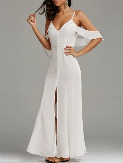 17 Off 2019 Cold Shoulder High Slit Maxi Party Dress In White Xl