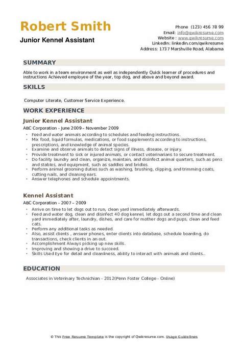 Kennel Assistant Resume Samples Qwikresume