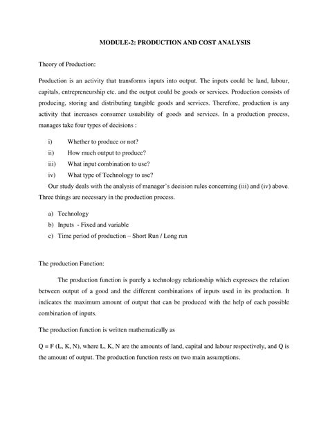 Managerial Economics Module Module Production And Cost Analysis