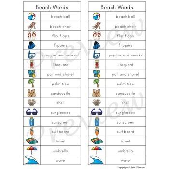 Writing Center Word List ~ Beach Words by Erin Thomson's Primary Printables