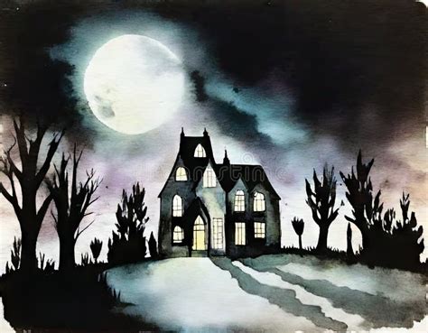 Watercolor of Haunted House in the Stock Illustration - Illustration of ...