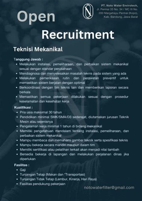 Lowongan Kerja Teknisi Mekanikal Teknisi Plumbing Teknisi