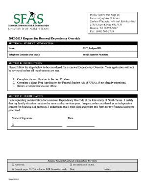 Fillable Online 2012 2013 Request For Renewal Dependency Override