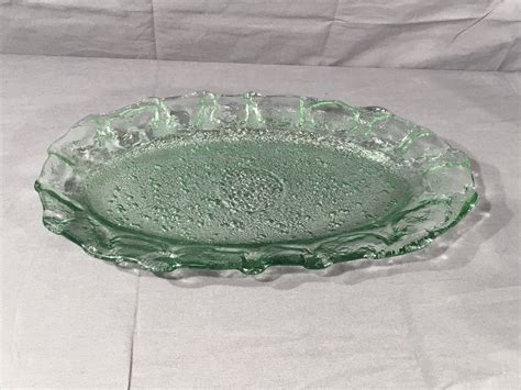 Vintage Bubble Glass Platter Clear Green Glass Dinnerware Decorative