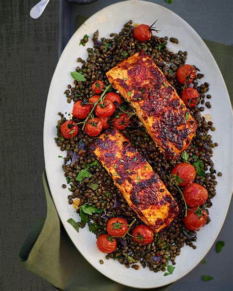 Harissa Salmon With Green Lentils And Roast Cherry Tomatoes Recipe