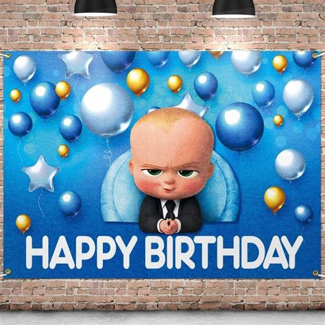 A Happy Birthday Sign With A Baby In A Suit And Balloons On The Brick Wall