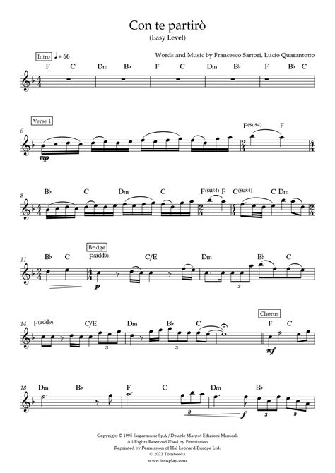 Con Te Partir Easy Level Andrea Bocelli Flute Sheet Music