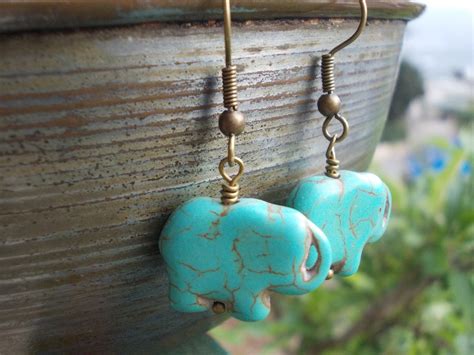 Turquoise Elephant Earrings Simple Brass Turquoise Blue Dangle Etsy