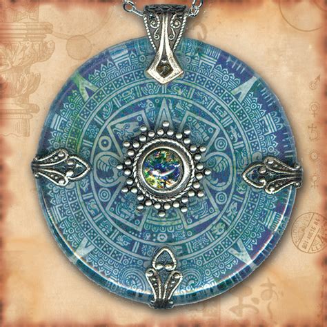 Teal Aztec Mayan Calendar Necklace Reversible Glass Art Etsy