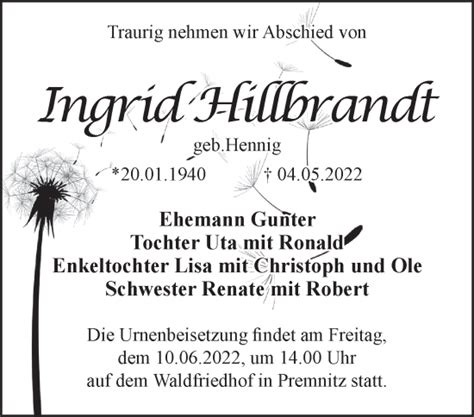 Traueranzeigen von Ingrid Hillbrandt Märkische Onlinezeitung Trauerportal