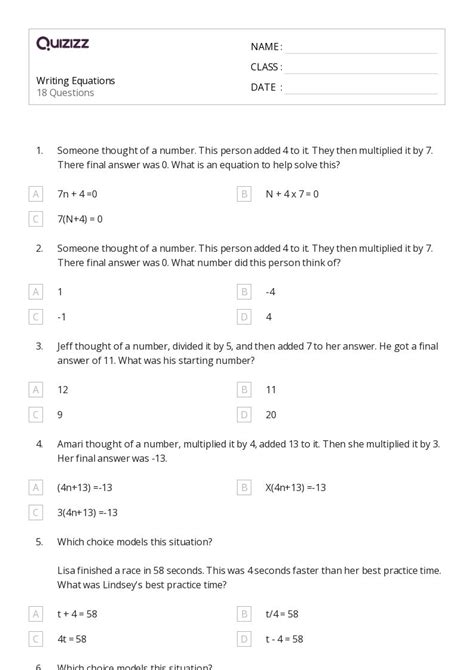 50 Writing Equations Worksheets For 6th Grade On Quizizz Free