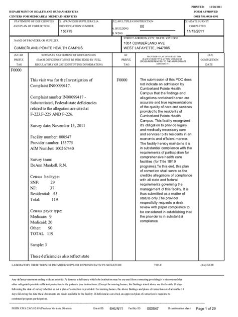 Fillable Online NC DHSR NHLCS Statement Of Deficiency And Plan Of