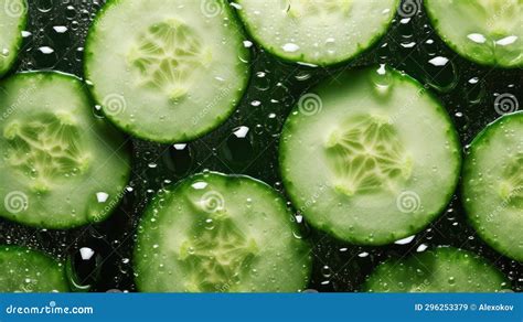 Cucumber Slices With Water Drops On A Dark Background Close Up