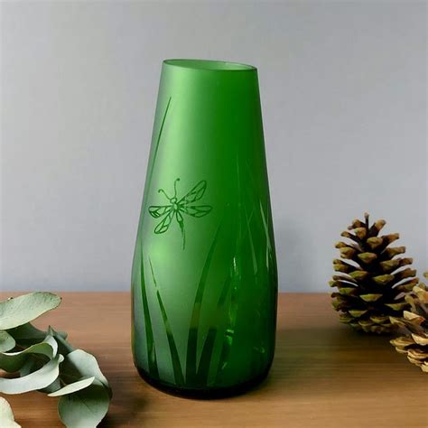 Green Recycled Bottle Vase Etched Glass Vase With Dragonfly Design