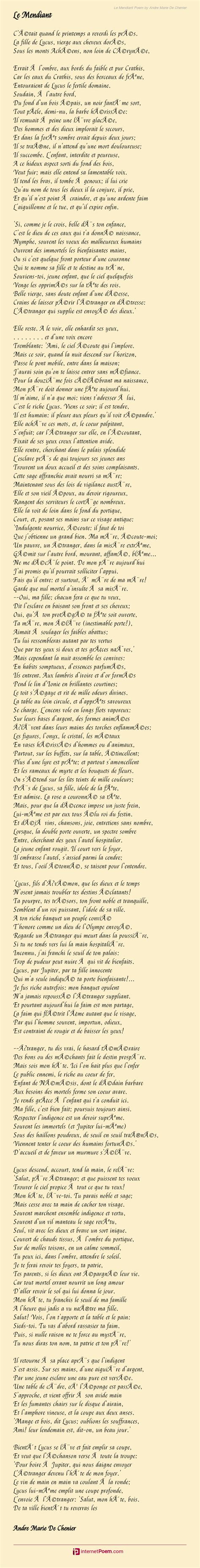 Le Mendiant Poem By Andre Marie De Chenier