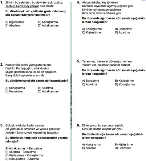 8 Sınıf Türkçe Söz Sanatları Konusu Soruları Online Testi Çöz Teog