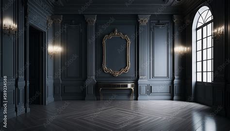 Empty vintage old dark room interior with classic black walls. Retro style design. Background ...