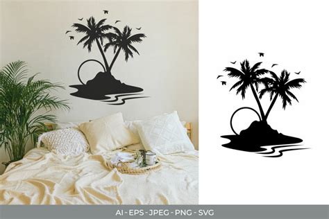 Palm Tree Island With Flying Birds And Sunrise Decal