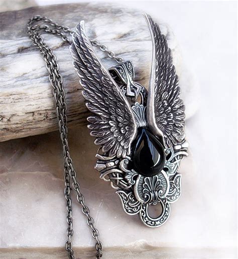 Gothic Pendant Necklace With Silver Wings And Black Onyx Aranwens