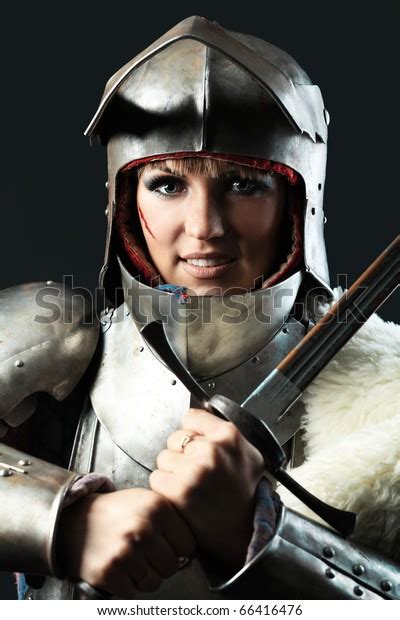 Portrait Medieval Female Knight Armour Over Stock Photo 66416476