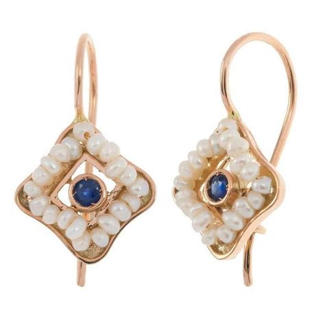 Handcrafted Italian Rose Gold Sapphire And Seed Pearl Drop Earrings For Sale At 1stdibs