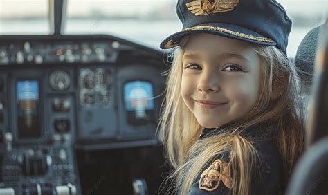 Happy Smiling Blonde Girl In A Pilot S Uniform Sitting An Airplane