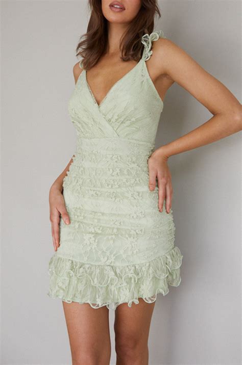 Shop The Kaley Ruched Side Layered Frill Hem Lace Mini Dress Sage Selfie Leslie Australia