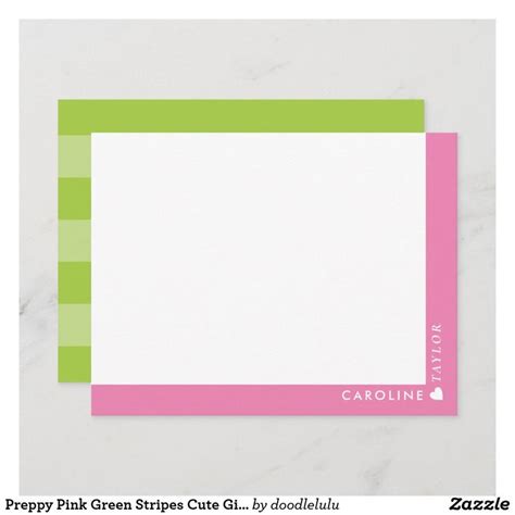 Preppy Pink Green Stripes Cute Girly Personalized Note Card Zazzle