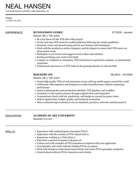 Vfx Artist Resume Samples Velvet Jobs