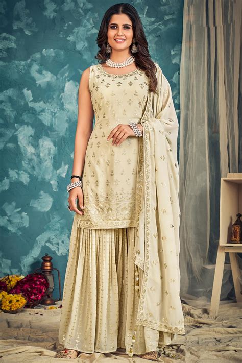 Buy Ivory Georgette Embroidered Sharara Kurta Set Online Like A Diva