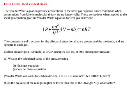 Solved Extra Credit Real Vs Ideal Gases The Van Der Waals Equation