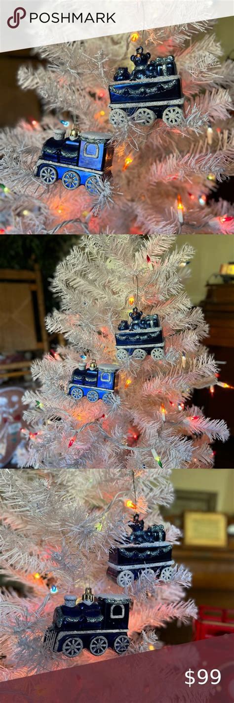 Vintage Blue Silver Train Teddy Bear Christmas Ornaments Large