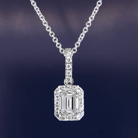 Double Prong Emerald Cut Halo Diamond Necklace Pendant 129 Carats