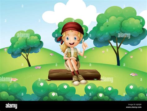 Illustration Of A Girl Sitting On The Trunk At The Hill Stock Vector