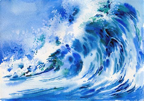 Blue Ocean Wave Original Watercolor Painting Abstract Sea Panitng