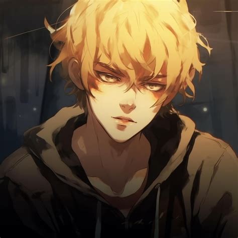 Premium Photo | Anime boy with blonde hair and black hoodie staring at ...