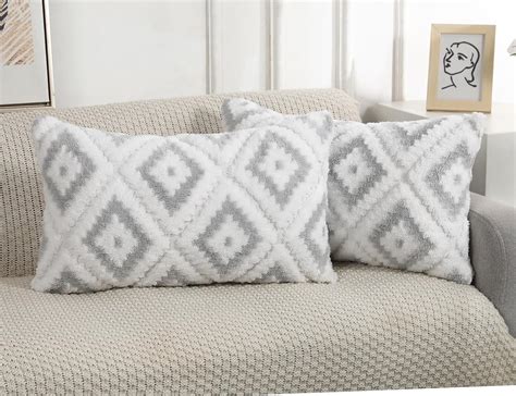 Nuyecy Faux Fur Boho Lumbar Throw Pillow Covers X Light Grey