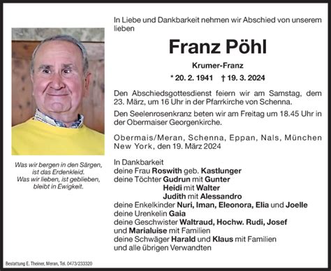 Traueranzeigen Von Franz P Hl Trauer Bz