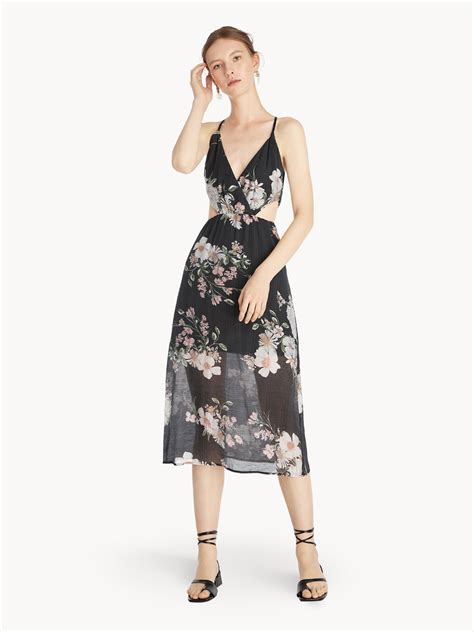 Side Cut Out Sheer Floral Dress Black Pomelo Fashion