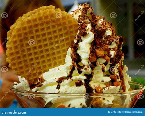 Big Ice Cream Dessert With Waffels Stock Image Image Of Waffles