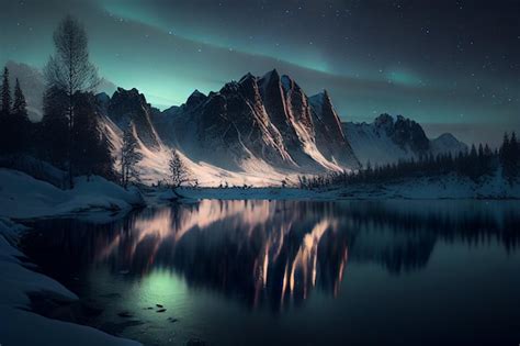 Paisaje De Monta As Nevadas Con Un Lago Congelado Y Auroras Boreales En