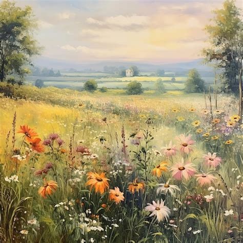 Premium AI Image | Wildflower Field Landscape Oil Painting