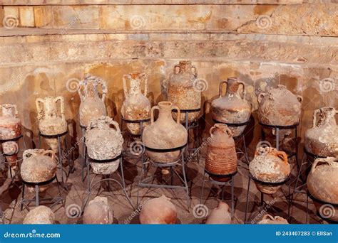 Collection Of Ancient Clay Jars Pots And Bottles Exhibition In An