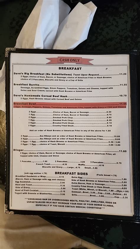 Menu at Dave's Diner restaurant, Arnold